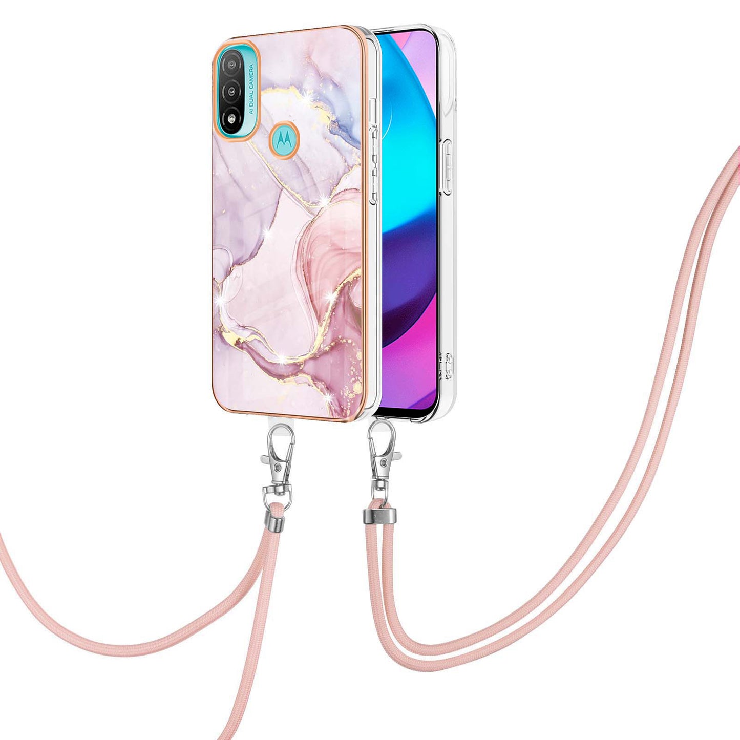 YB IMD Series-9 Marble Pattern Case for Motorola Moto E20/E30/E40 Fashionable Electroplating Frame TPU IMD Lanyard Phone Case Protector