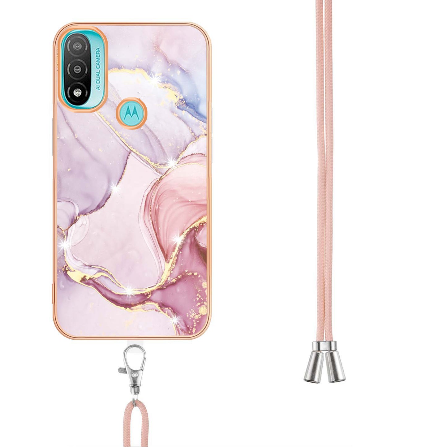 YB IMD Series-9 Marble Pattern Case for Motorola Moto E20/E30/E40 Fashionable Electroplating Frame TPU IMD Lanyard Phone Case Protector