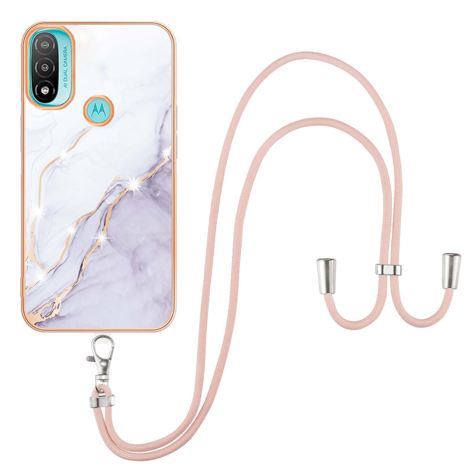 YB IMD Series-9 Marble Pattern Case for Motorola Moto E20/E30/E40 Fashionable Electroplating Frame TPU IMD Lanyard Phone Case Protector