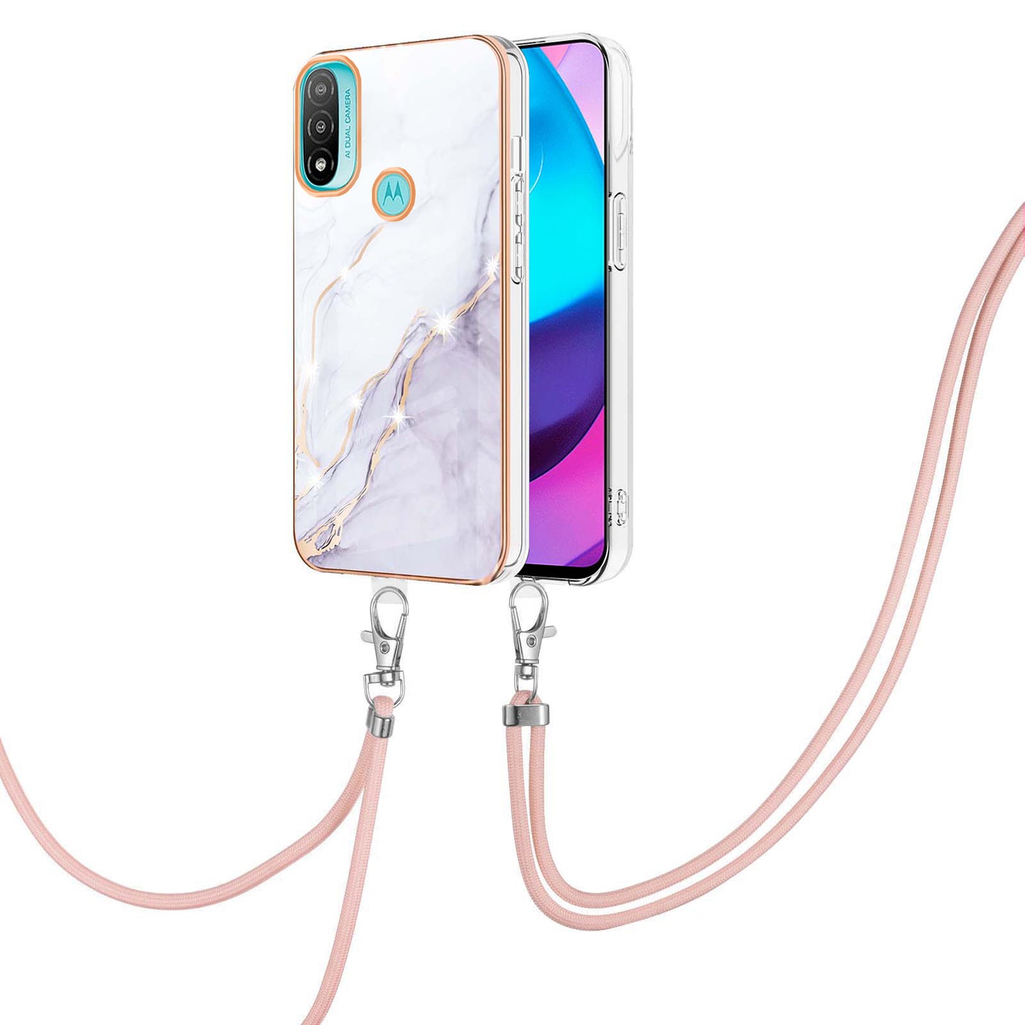 YB IMD Series-9 Marble Pattern Case for Motorola Moto E20/E30/E40 Fashionable Electroplating Frame TPU IMD Lanyard Phone Case Protector
