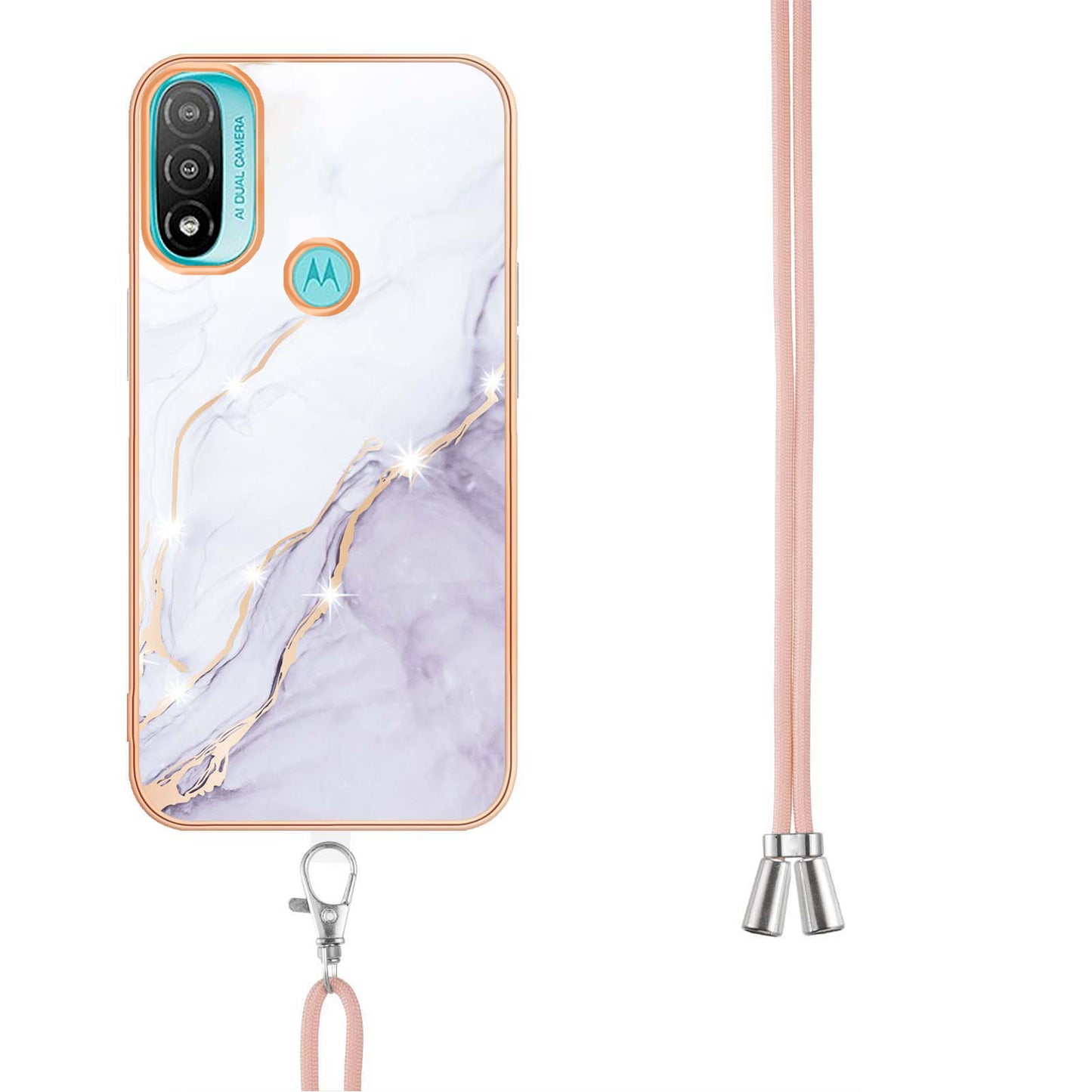 YB IMD Series-9 Marble Pattern Case for Motorola Moto E20/E30/E40 Fashionable Electroplating Frame TPU IMD Lanyard Phone Case Protector