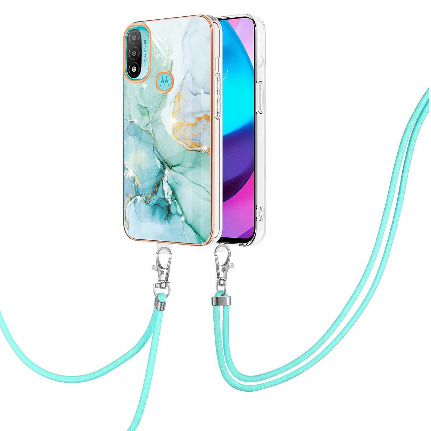 YB IMD Series-9 Marble Pattern Case for Motorola Moto E20/E30/E40 Fashionable Electroplating Frame TPU IMD Lanyard Phone Case Protector