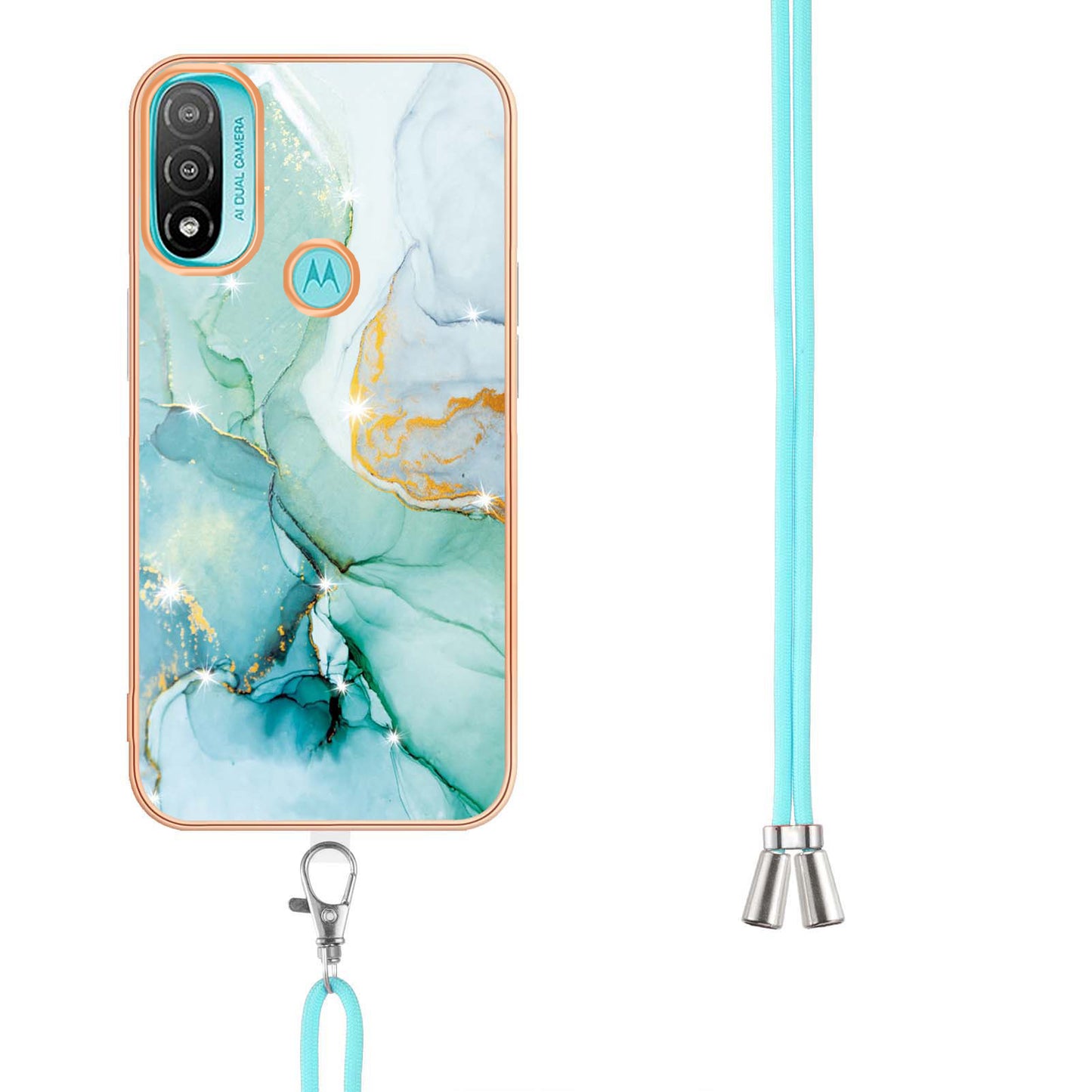 YB IMD Series-9 Marble Pattern Case for Motorola Moto E20/E30/E40 Fashionable Electroplating Frame TPU IMD Lanyard Phone Case Protector