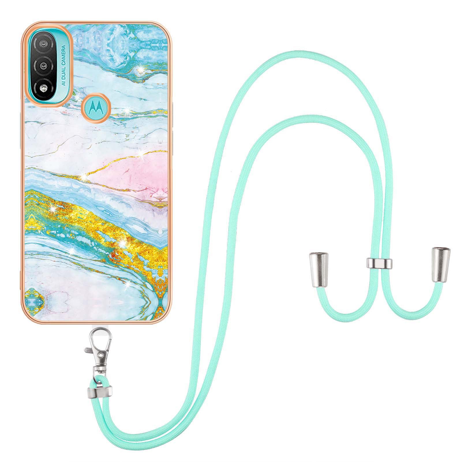 YB IMD Series-9 Marble Pattern Case for Motorola Moto E20/E30/E40 Fashionable Electroplating Frame TPU IMD Lanyard Phone Case Protector