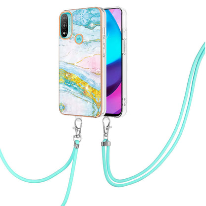YB IMD Series-9 Marble Pattern Case for Motorola Moto E20/E30/E40 Fashionable Electroplating Frame TPU IMD Lanyard Phone Case Protector