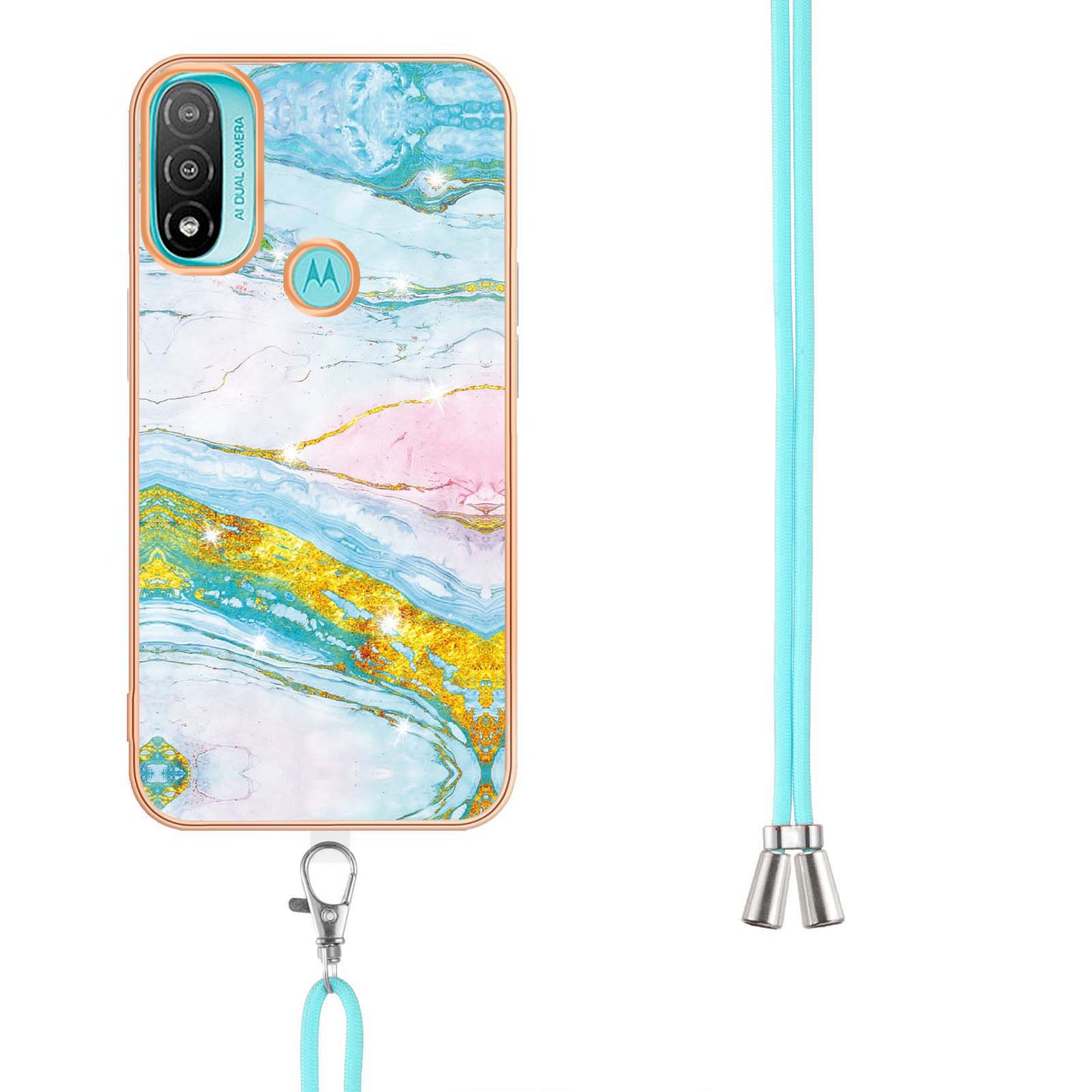 YB IMD Series-9 Marble Pattern Case for Motorola Moto E20/E30/E40 Fashionable Electroplating Frame TPU IMD Lanyard Phone Case Protector