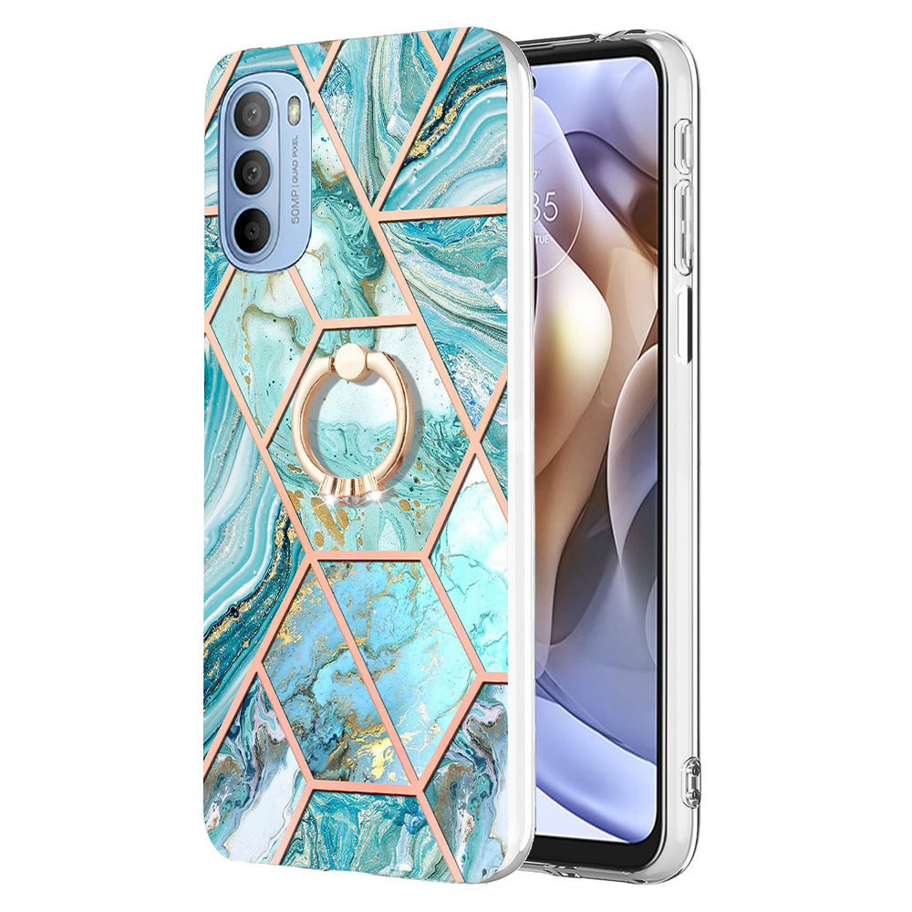 YB IMD Series-7 for Motorola Moto G31/G41 Marble Pattern IMD Phone Case Ring Holder Kickstand Electroplating TPU Cover