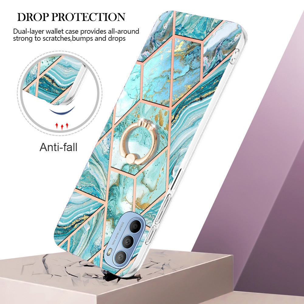 YB IMD Series-7 for Motorola Moto G31/G41 Marble Pattern IMD Phone Case Ring Holder Kickstand Electroplating TPU Cover