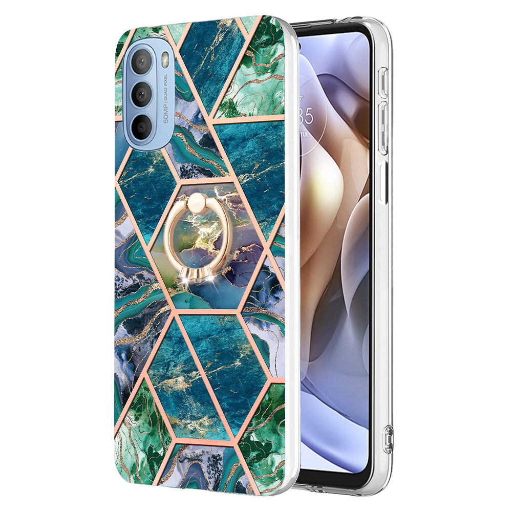 YB IMD Series-7 for Motorola Moto G31/G41 Marble Pattern IMD Phone Case Ring Holder Kickstand Electroplating TPU Cover