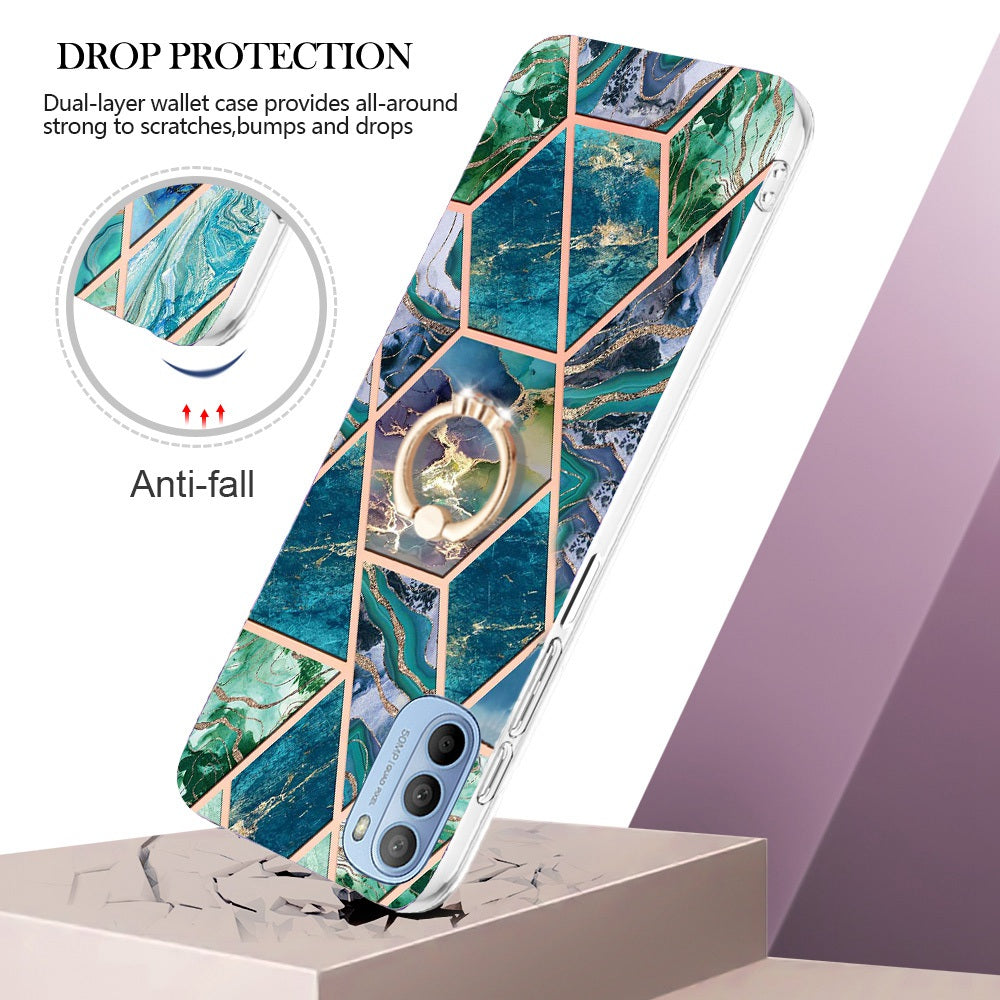 YB IMD Series-7 for Motorola Moto G31/G41 Marble Pattern IMD Phone Case Ring Holder Kickstand Electroplating TPU Cover