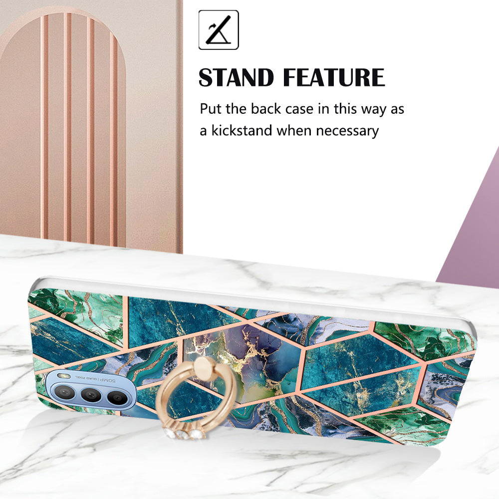 YB IMD Series-7 for Motorola Moto G31/G41 Marble Pattern IMD Phone Case Ring Holder Kickstand Electroplating TPU Cover