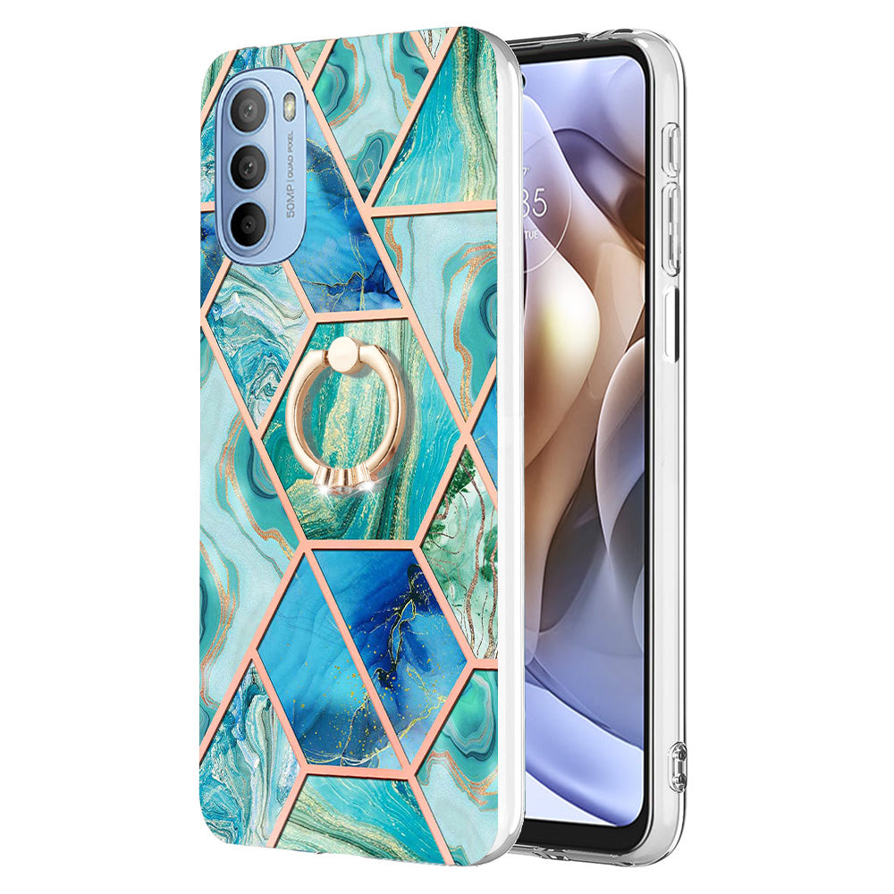 YB IMD Series-7 for Motorola Moto G31/G41 Marble Pattern IMD Phone Case Ring Holder Kickstand Electroplating TPU Cover