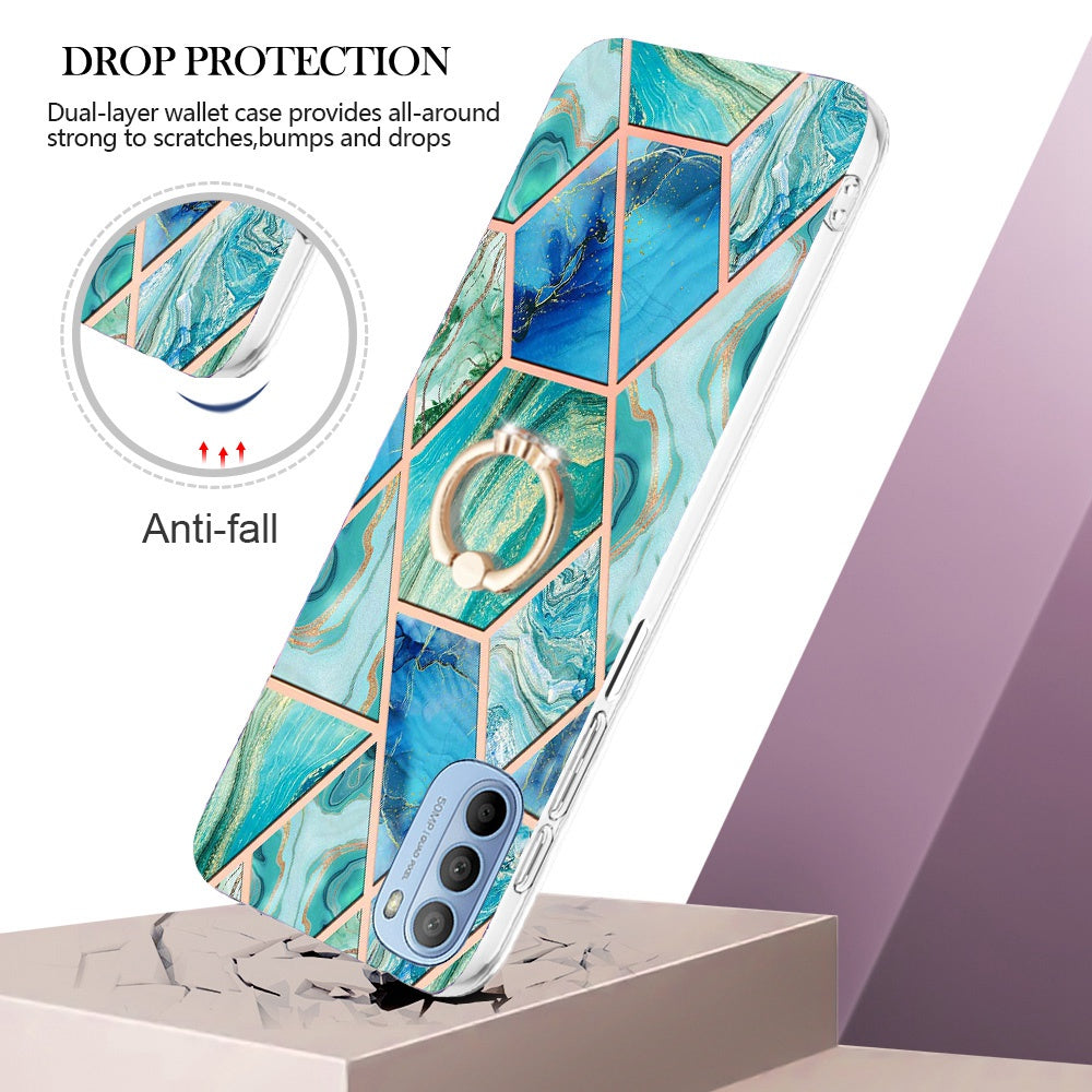YB IMD Series-7 for Motorola Moto G31/G41 Marble Pattern IMD Phone Case Ring Holder Kickstand Electroplating TPU Cover