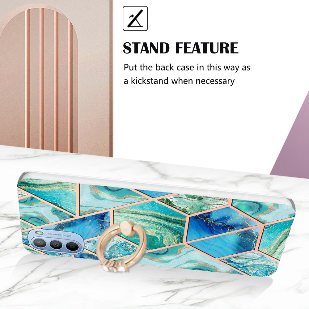 YB IMD Series-7 for Motorola Moto G31/G41 Marble Pattern IMD Phone Case Ring Holder Kickstand Electroplating TPU Cover