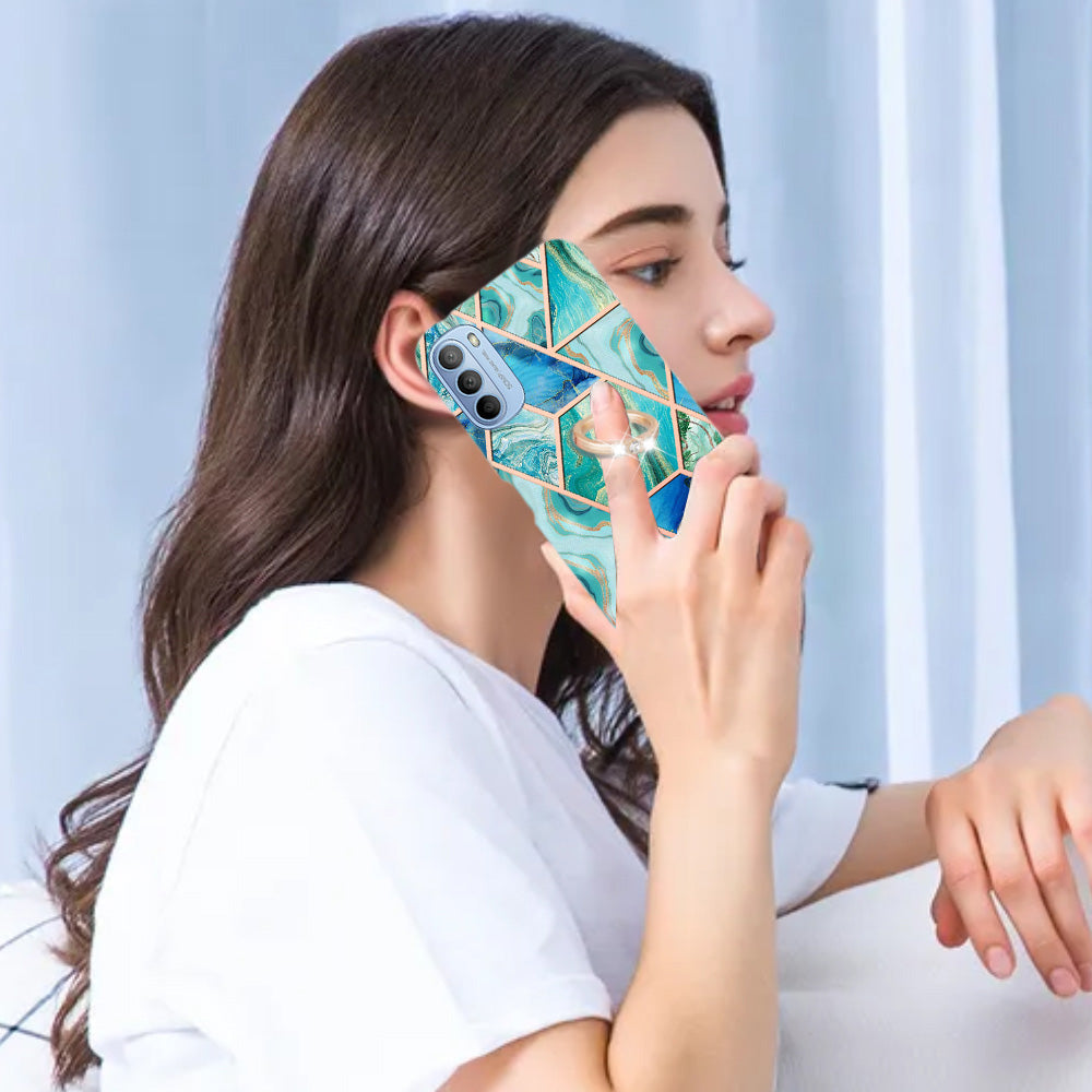 YB IMD Series-7 for Motorola Moto G31/G41 Marble Pattern IMD Phone Case Ring Holder Kickstand Electroplating TPU Cover