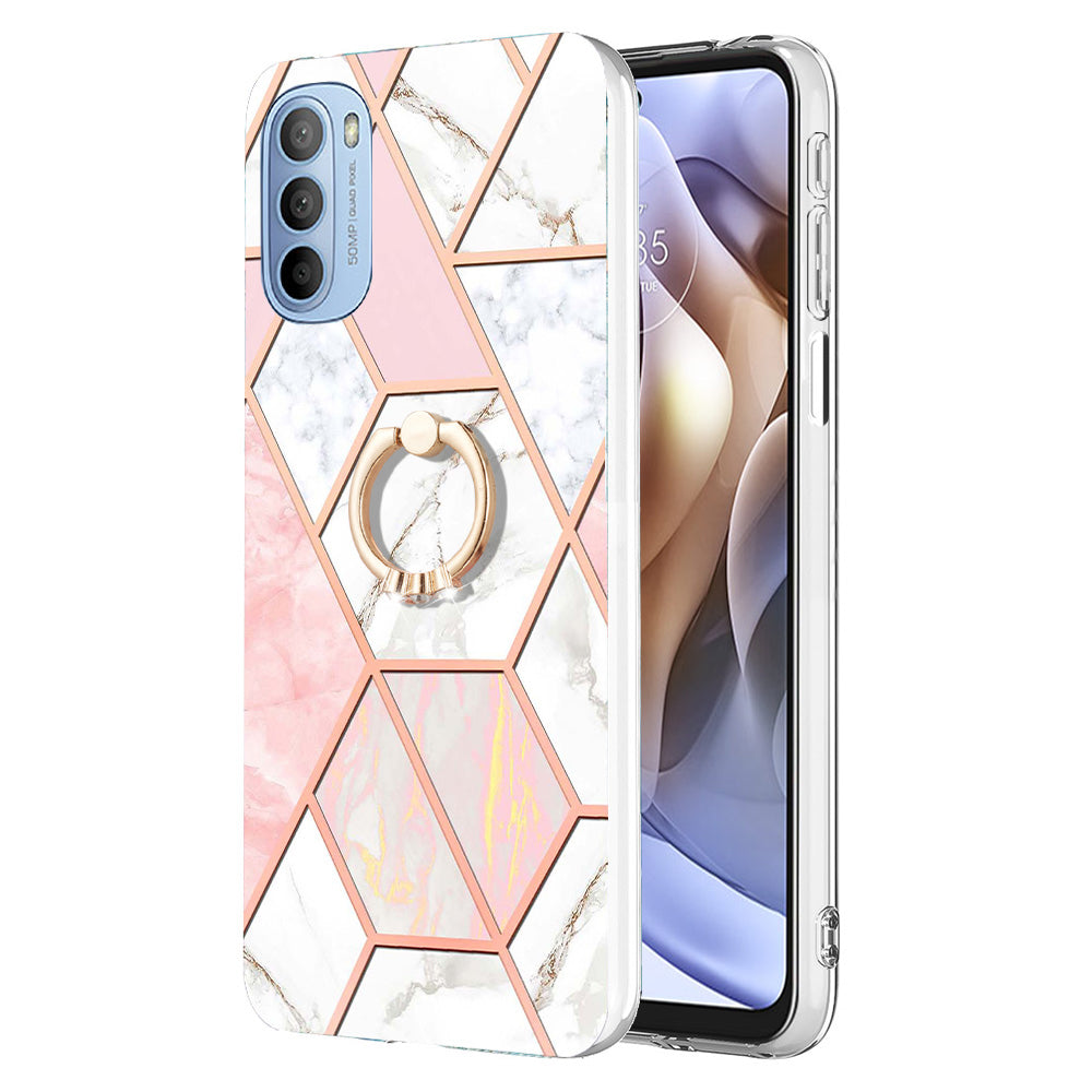 YB IMD Series-7 for Motorola Moto G31/G41 Marble Pattern IMD Phone Case Ring Holder Kickstand Electroplating TPU Cover