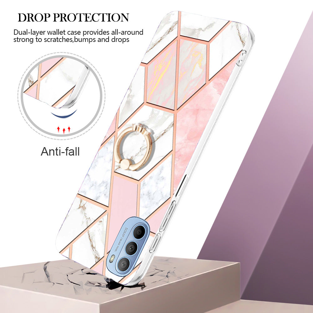 YB IMD Series-7 for Motorola Moto G31/G41 Marble Pattern IMD Phone Case Ring Holder Kickstand Electroplating TPU Cover