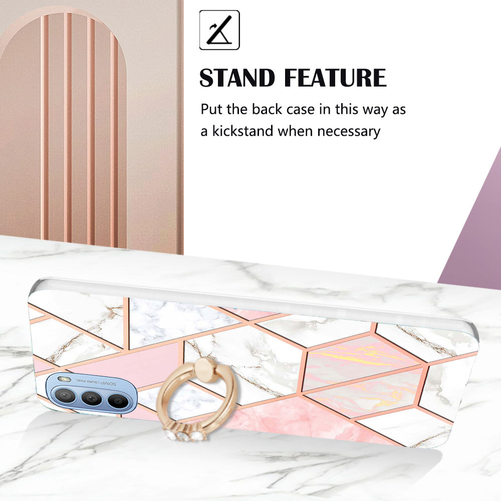YB IMD Series-7 for Motorola Moto G31/G41 Marble Pattern IMD Phone Case Ring Holder Kickstand Electroplating TPU Cover