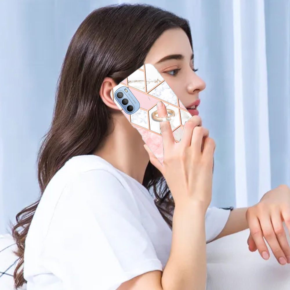 YB IMD Series-7 for Motorola Moto G31/G41 Marble Pattern IMD Phone Case Ring Holder Kickstand Electroplating TPU Cover