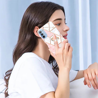 YB IMD Series-7 for Motorola Moto G31/G41 Marble Pattern IMD Phone Case Ring Holder Kickstand Electroplating TPU Cover