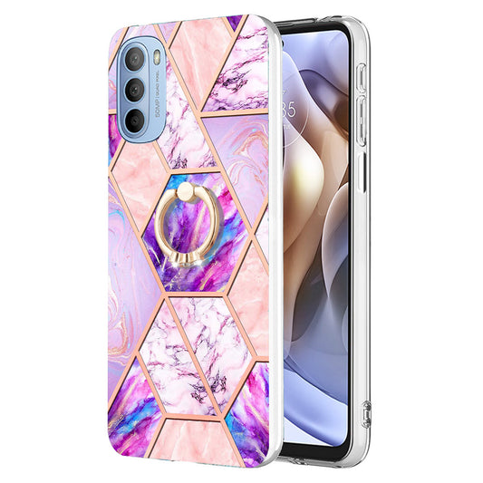 YB IMD Series-7 for Motorola Moto G31/G41 Marble Pattern IMD Phone Case Ring Holder Kickstand Electroplating TPU Cover