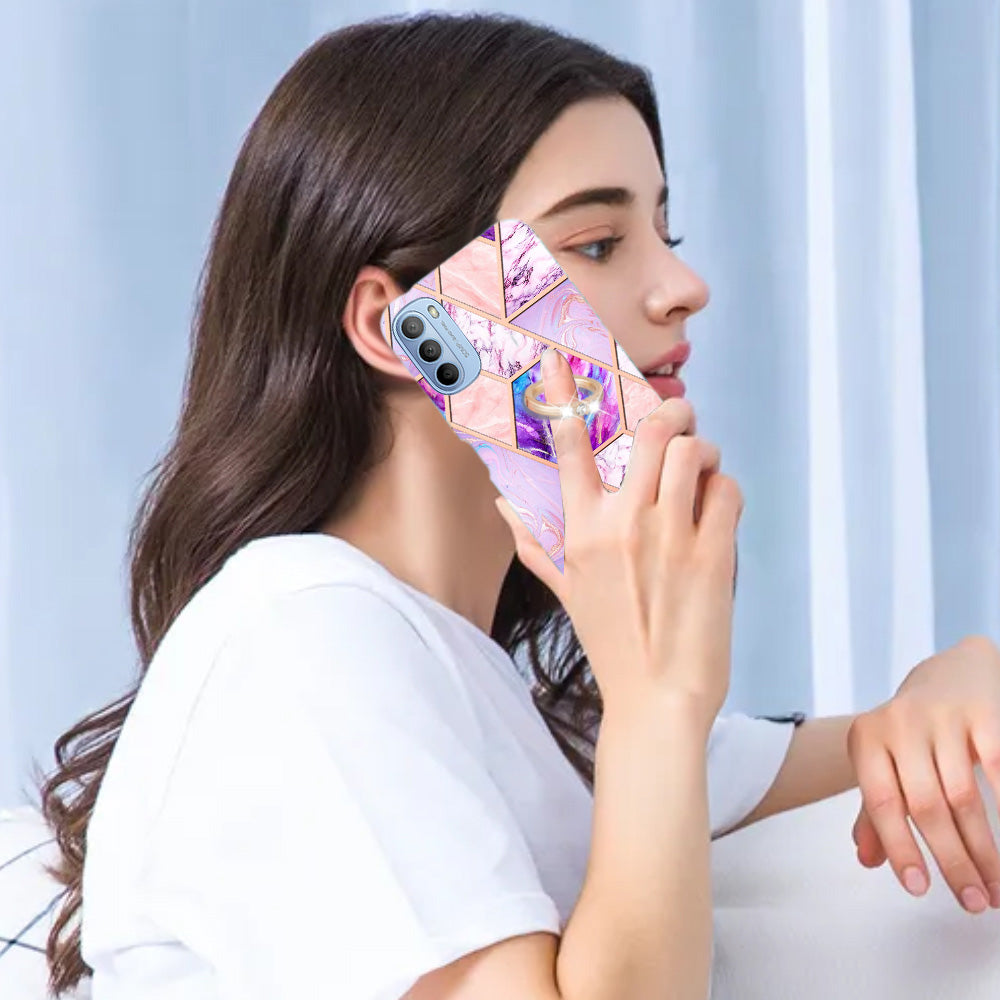 YB IMD Series-7 for Motorola Moto G31/G41 Marble Pattern IMD Phone Case Ring Holder Kickstand Electroplating TPU Cover