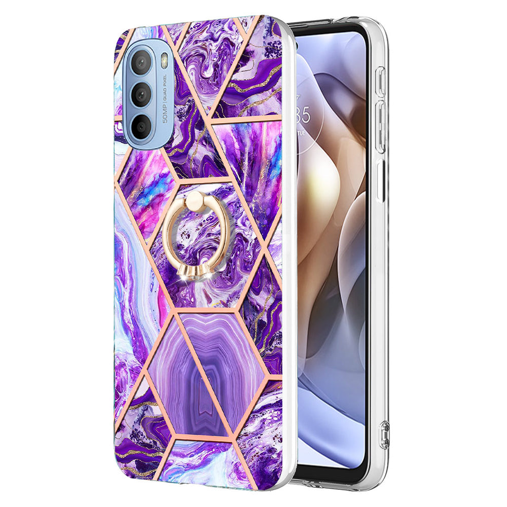 YB IMD Series-7 for Motorola Moto G31/G41 Marble Pattern IMD Phone Case Ring Holder Kickstand Electroplating TPU Cover