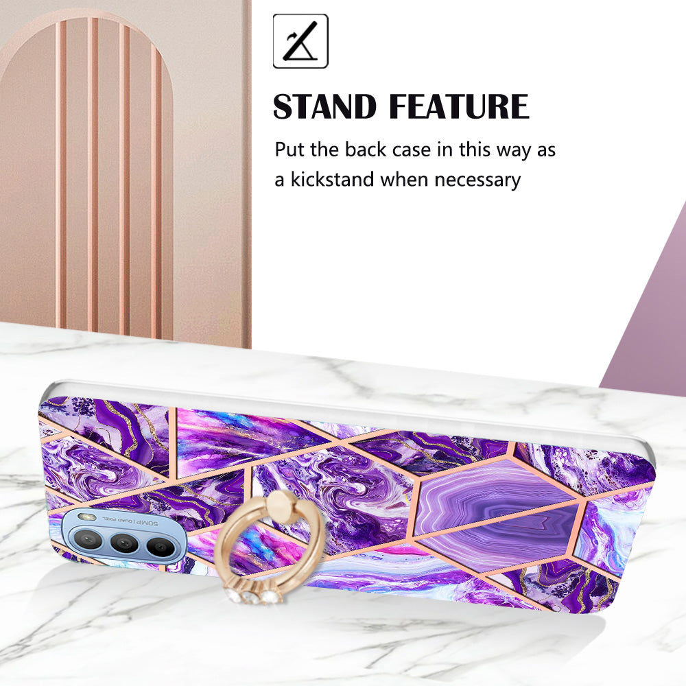 YB IMD Series-7 for Motorola Moto G31/G41 Marble Pattern IMD Phone Case Ring Holder Kickstand Electroplating TPU Cover
