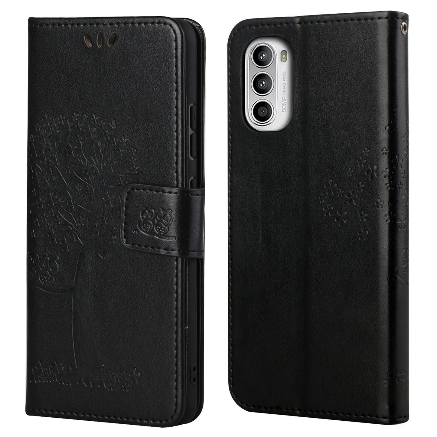 For Motorola Moto G52 4G Anti-scratch Anti-drop PU Leather Phone Cover Owl Tree Pattern Imprinted Wallet Style Stand Case with Wrist Strap
