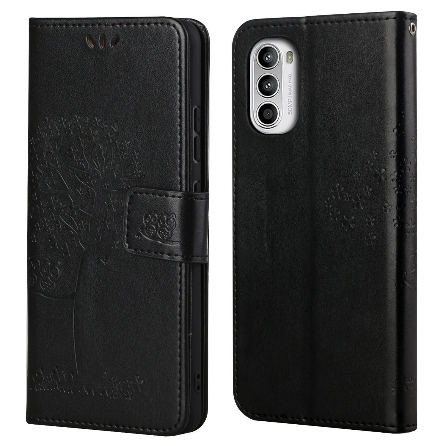 For Motorola Moto G52 4G Anti-scratch Anti-drop PU Leather Phone Cover Owl Tree Pattern Imprinted Wallet Style Stand Case with Wrist Strap
