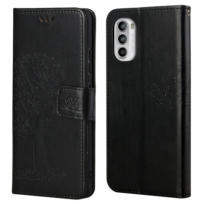 For Motorola Moto G52 4G Anti-scratch Anti-drop PU Leather Phone Cover Owl Tree Pattern Imprinted Wallet Style Stand Case with Wrist Strap