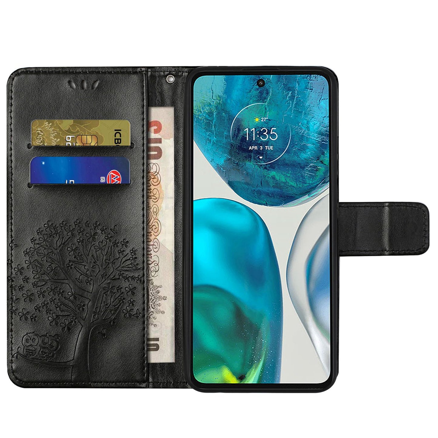 For Motorola Moto G52 4G Anti-scratch Anti-drop PU Leather Phone Cover Owl Tree Pattern Imprinted Wallet Style Stand Case with Wrist Strap