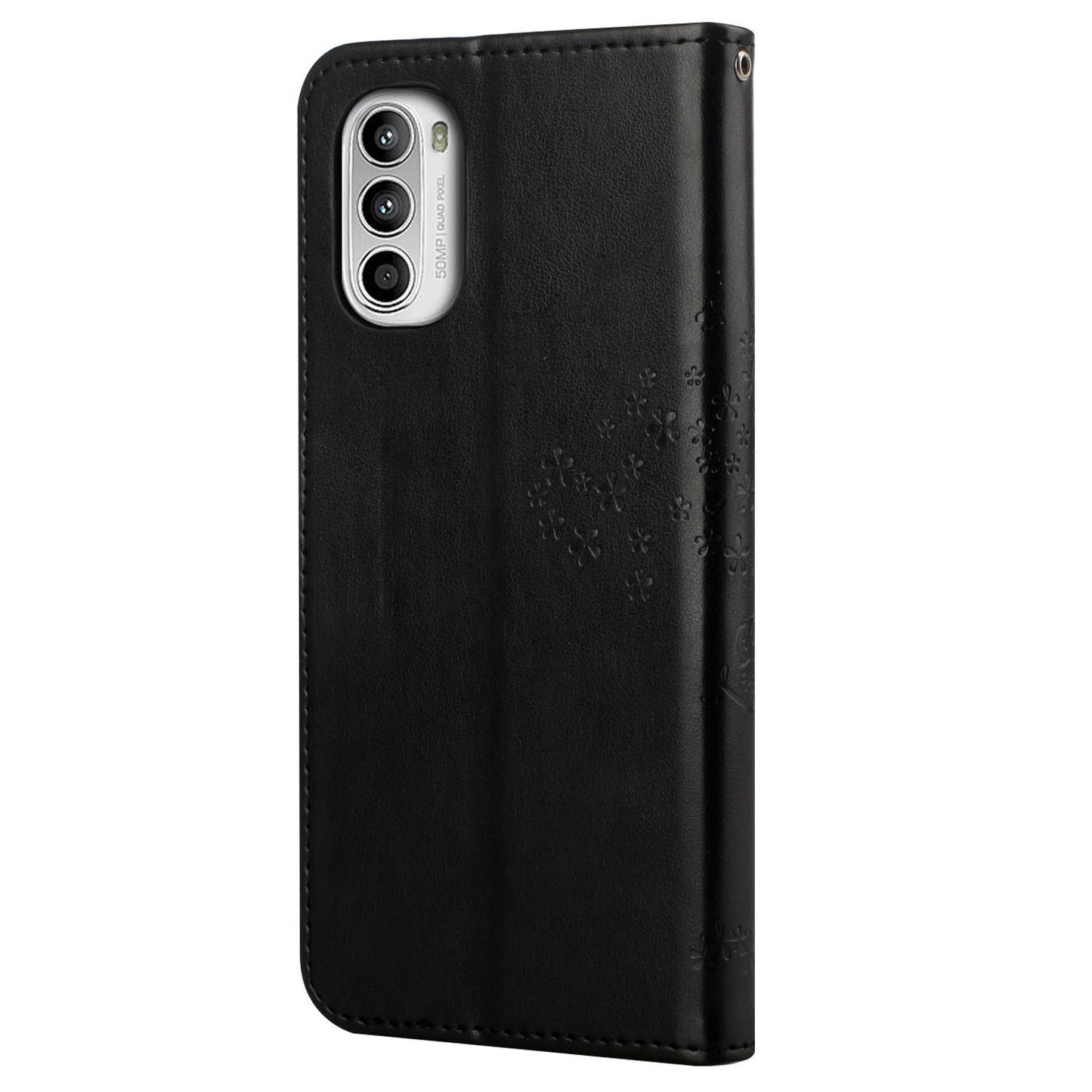 For Motorola Moto G52 4G Anti-scratch Anti-drop PU Leather Phone Cover Owl Tree Pattern Imprinted Wallet Style Stand Case with Wrist Strap