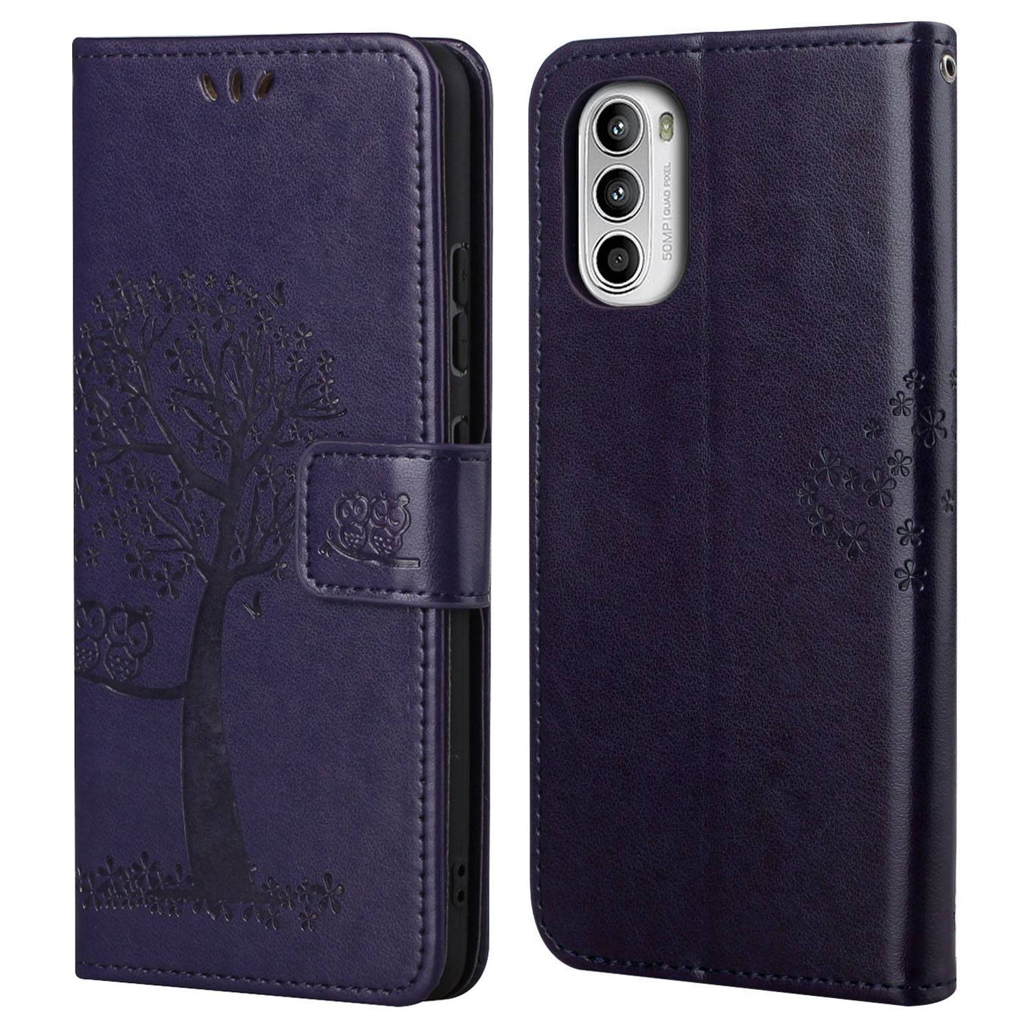 For Motorola Moto G52 4G Anti-scratch Anti-drop PU Leather Phone Cover Owl Tree Pattern Imprinted Wallet Style Stand Case with Wrist Strap