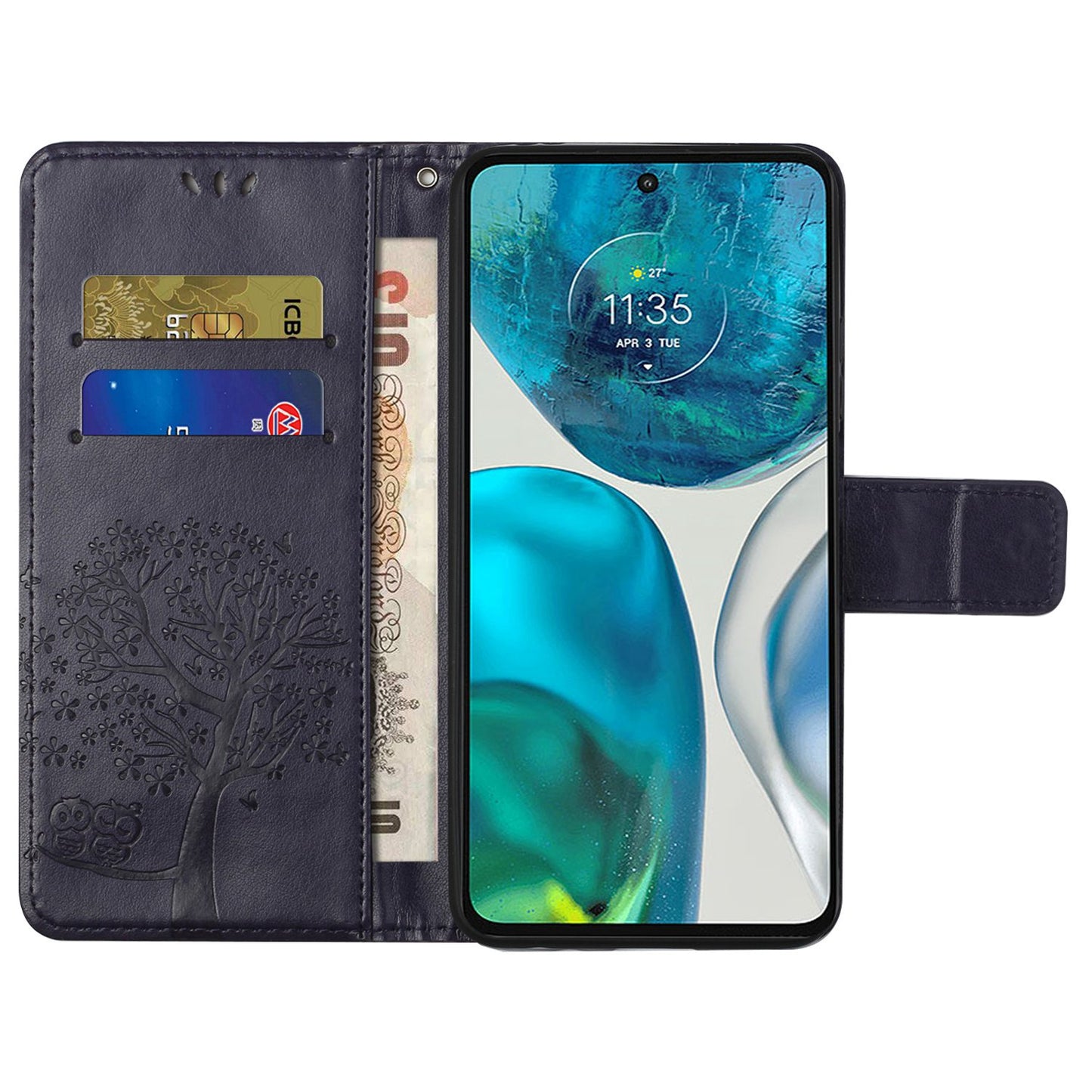 For Motorola Moto G52 4G Anti-scratch Anti-drop PU Leather Phone Cover Owl Tree Pattern Imprinted Wallet Style Stand Case with Wrist Strap
