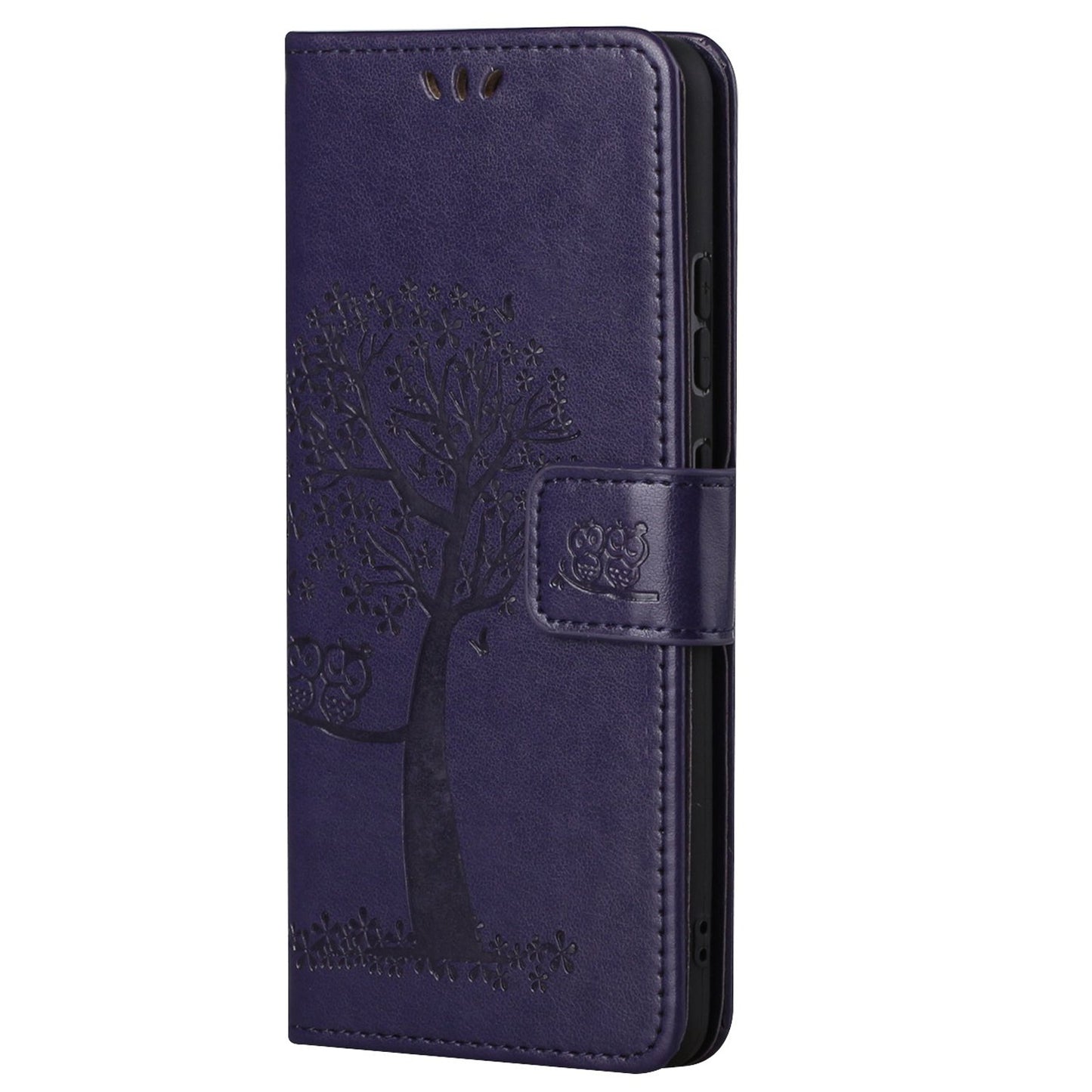 For Motorola Moto G52 4G Anti-scratch Anti-drop PU Leather Phone Cover Owl Tree Pattern Imprinted Wallet Style Stand Case with Wrist Strap