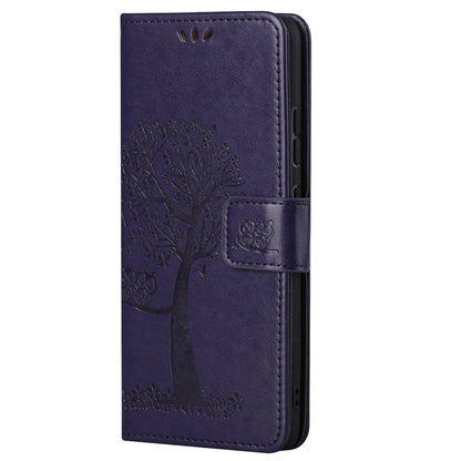 For Motorola Moto G52 4G Anti-scratch Anti-drop PU Leather Phone Cover Owl Tree Pattern Imprinted Wallet Style Stand Case with Wrist Strap