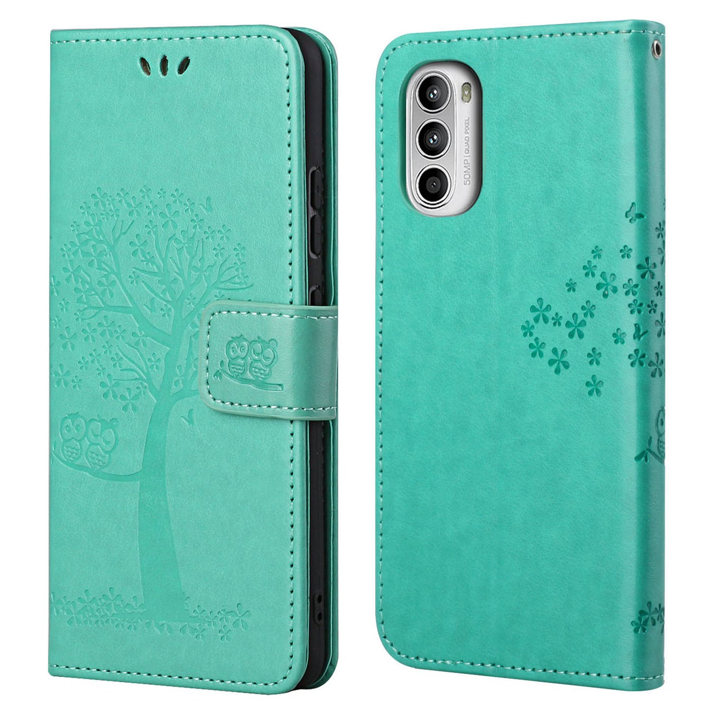 For Motorola Moto G52 4G Anti-scratch Anti-drop PU Leather Phone Cover Owl Tree Pattern Imprinted Wallet Style Stand Case with Wrist Strap