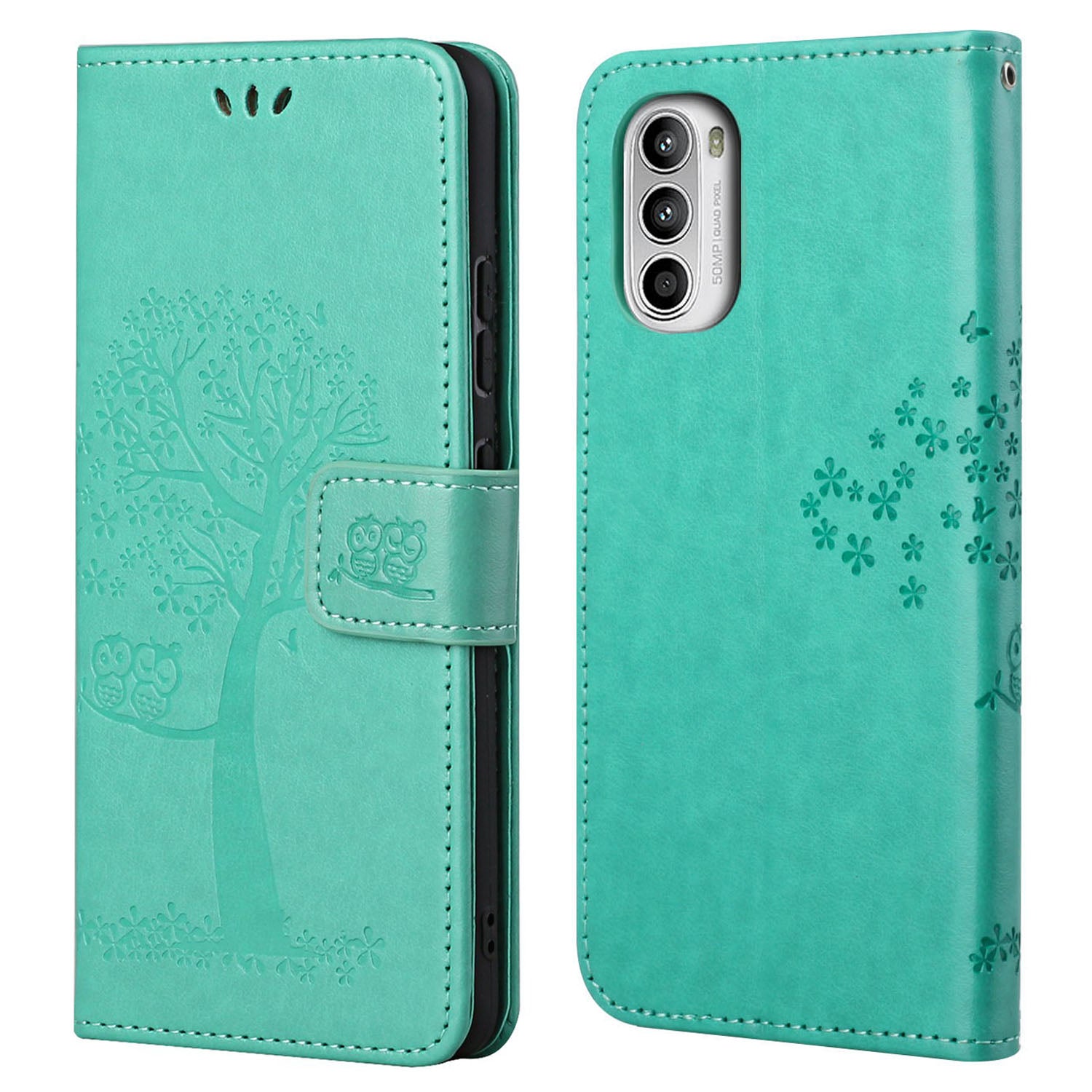 For Motorola Moto G52 4G Anti-scratch Anti-drop PU Leather Phone Cover Owl Tree Pattern Imprinted Wallet Style Stand Case with Wrist Strap