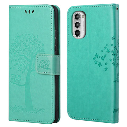 For Motorola Moto G52 4G Anti-scratch Anti-drop PU Leather Phone Cover Owl Tree Pattern Imprinted Wallet Style Stand Case with Wrist Strap