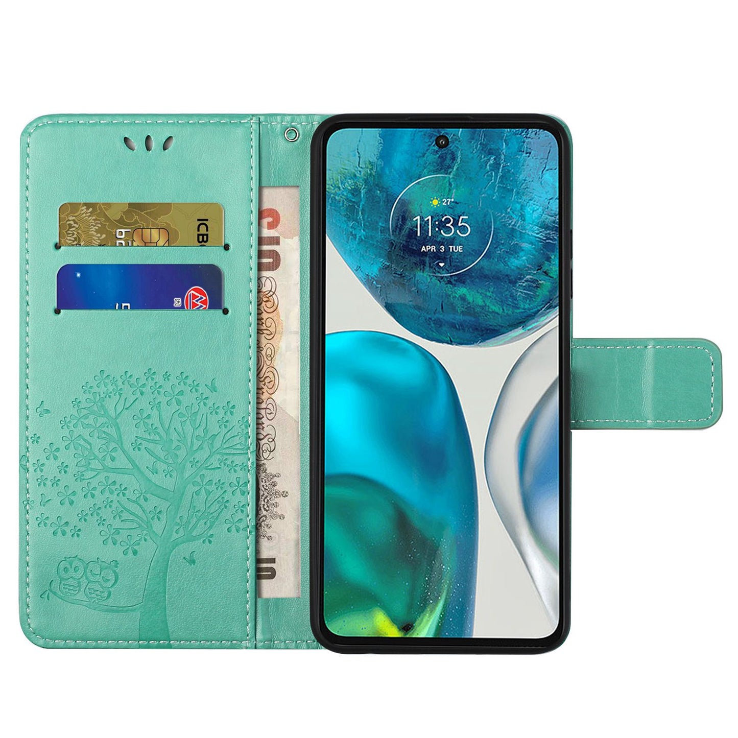 For Motorola Moto G52 4G Anti-scratch Anti-drop PU Leather Phone Cover Owl Tree Pattern Imprinted Wallet Style Stand Case with Wrist Strap