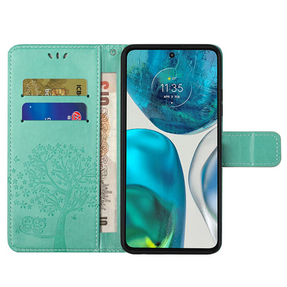 For Motorola Moto G52 4G Anti-scratch Anti-drop PU Leather Phone Cover Owl Tree Pattern Imprinted Wallet Style Stand Case with Wrist Strap