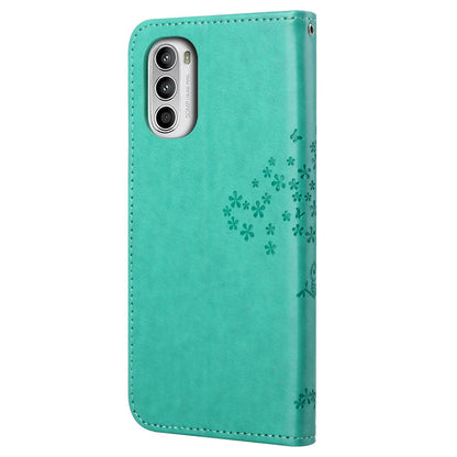 For Motorola Moto G52 4G Anti-scratch Anti-drop PU Leather Phone Cover Owl Tree Pattern Imprinted Wallet Style Stand Case with Wrist Strap