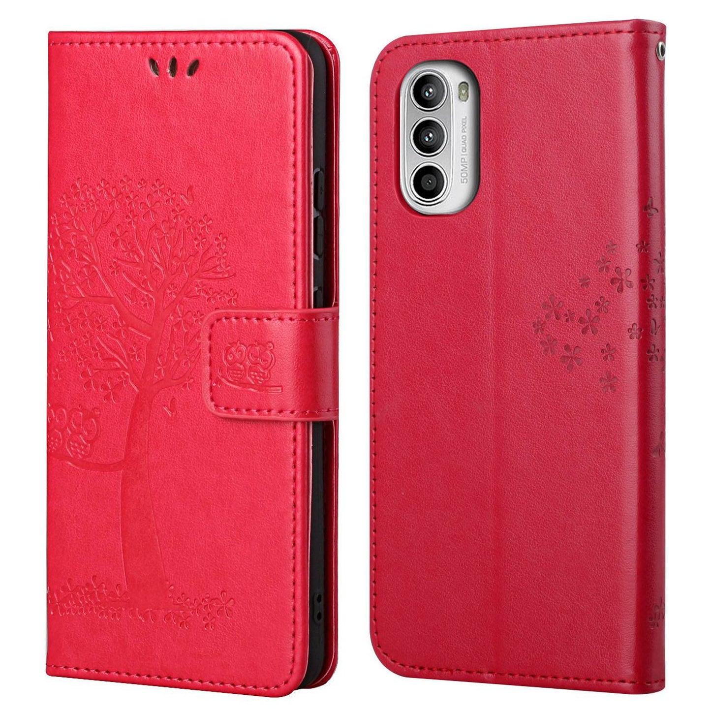For Motorola Moto G52 4G Anti-scratch Anti-drop PU Leather Phone Cover Owl Tree Pattern Imprinted Wallet Style Stand Case with Wrist Strap
