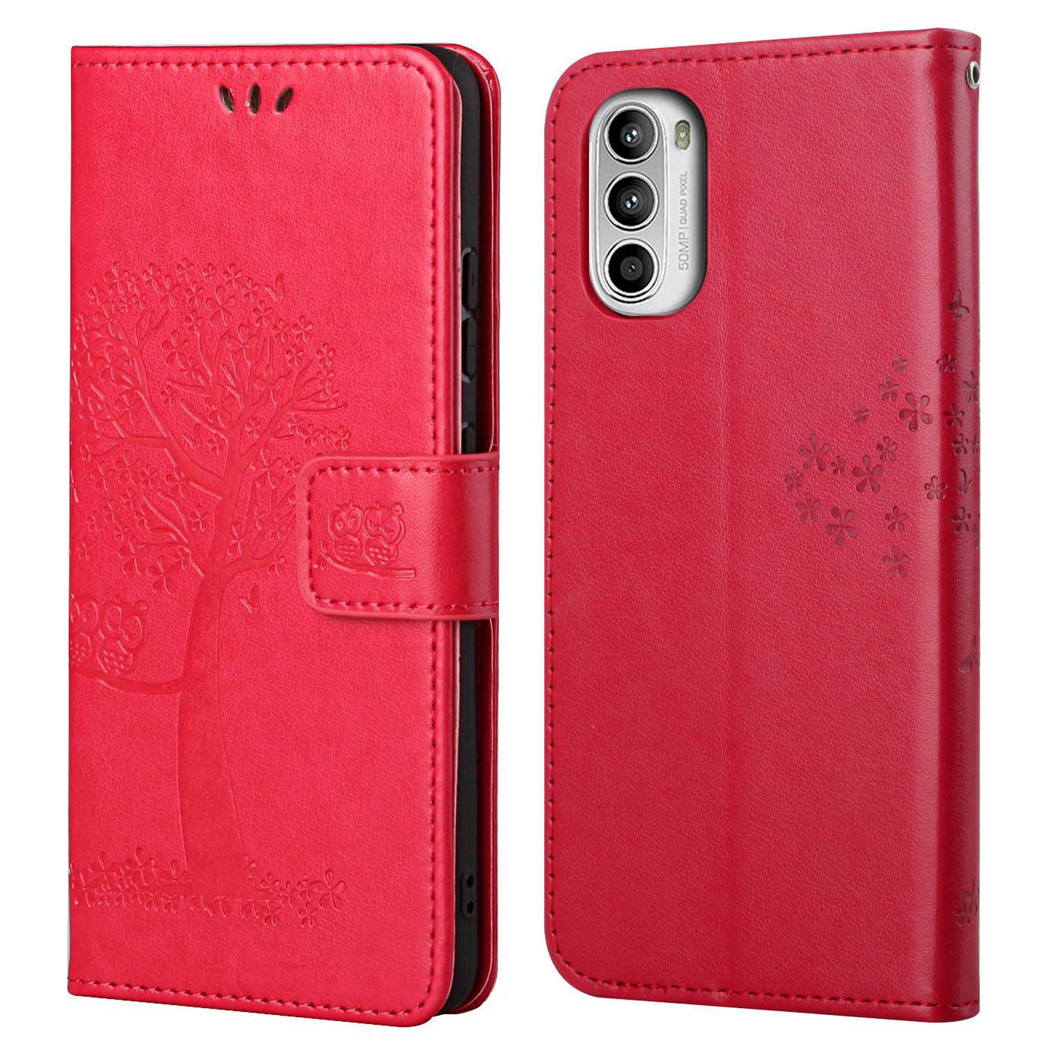 For Motorola Moto G52 4G Anti-scratch Anti-drop PU Leather Phone Cover Owl Tree Pattern Imprinted Wallet Style Stand Case with Wrist Strap
