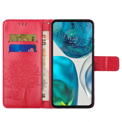 For Motorola Moto G52 4G Anti-scratch Anti-drop PU Leather Phone Cover Owl Tree Pattern Imprinted Wallet Style Stand Case with Wrist Strap