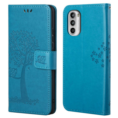 For Motorola Moto G52 4G Anti-scratch Anti-drop PU Leather Phone Cover Owl Tree Pattern Imprinted Wallet Style Stand Case with Wrist Strap