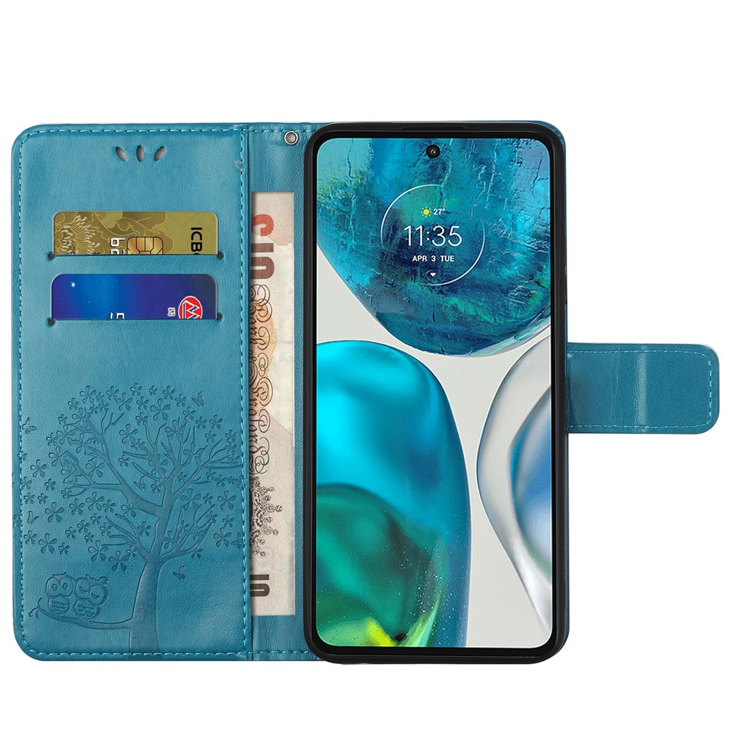 For Motorola Moto G52 4G Anti-scratch Anti-drop PU Leather Phone Cover Owl Tree Pattern Imprinted Wallet Style Stand Case with Wrist Strap
