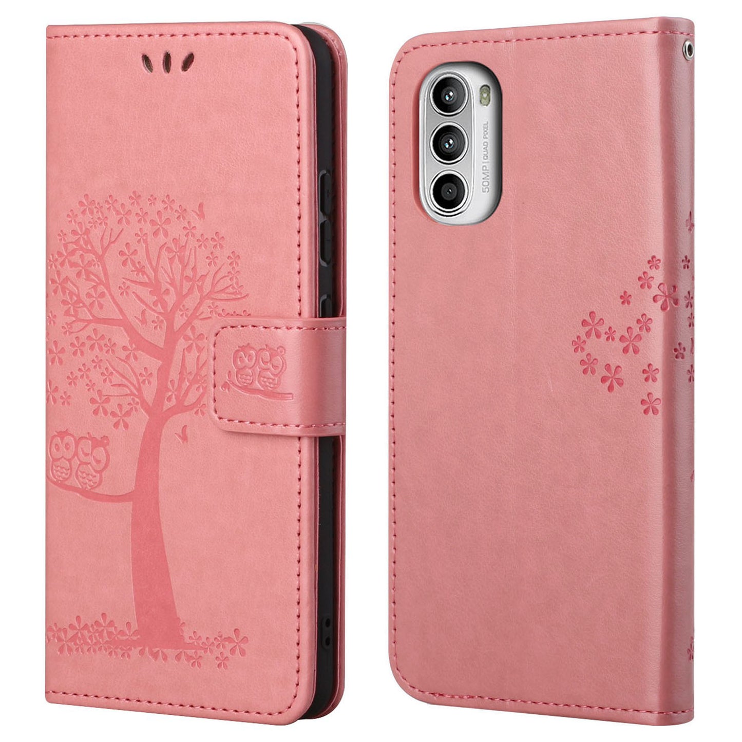 For Motorola Moto G52 4G Anti-scratch Anti-drop PU Leather Phone Cover Owl Tree Pattern Imprinted Wallet Style Stand Case with Wrist Strap