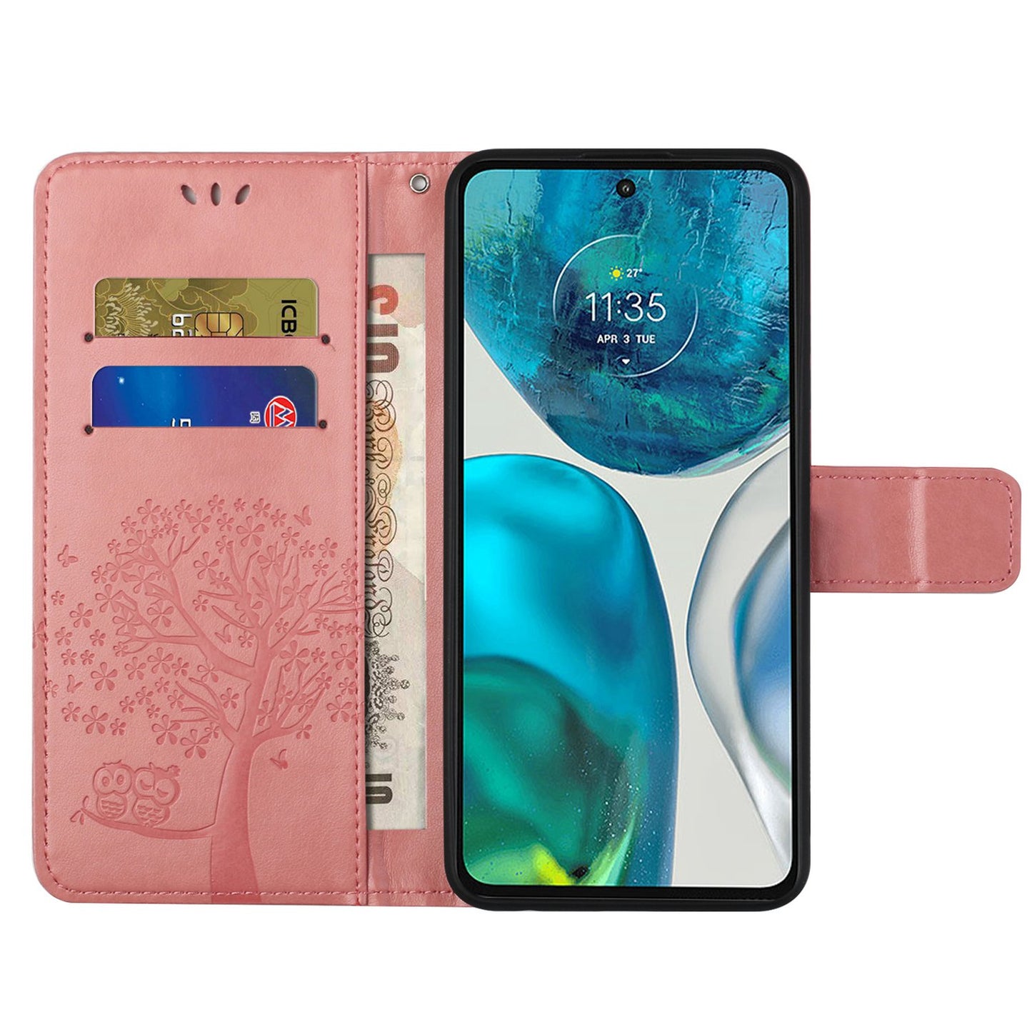 For Motorola Moto G52 4G Anti-scratch Anti-drop PU Leather Phone Cover Owl Tree Pattern Imprinted Wallet Style Stand Case with Wrist Strap